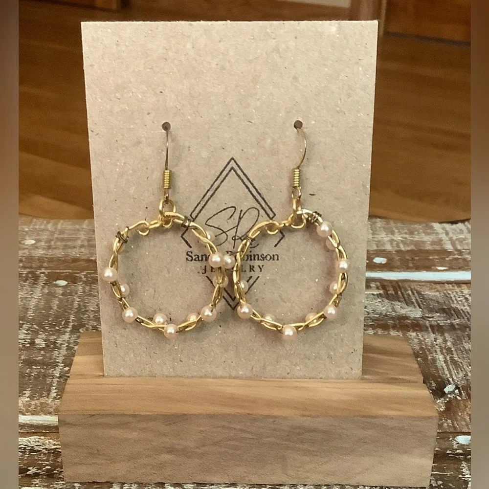 Twisted Wire and Bead Wrapped Handmade Hoop Earrings - Picture 2 of 3